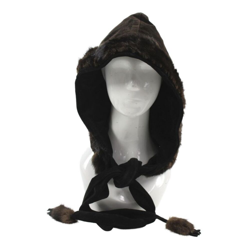 Designer Womens Suede Fur Trimmed Pom Pom Tassel Hooded Hat Black